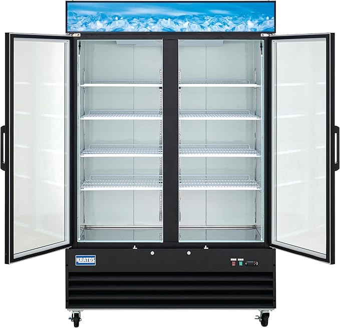 Kratos Commercial Freezer Display Merchandiser - 2 Self Closing Glass Swing Doors, 53"W, Black (67K-210)