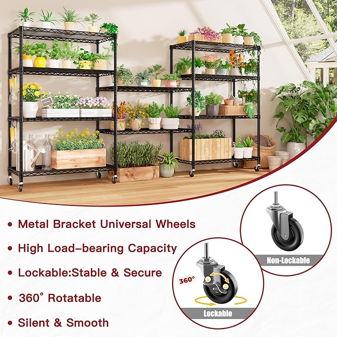 PrimeZone 74''H Wire Shelving 1250lbs 5 Tier Storage Shelves with Wheels NSF Certified Heavy Duty Steel Metal Shelf Adjustable Rolling Rack Kitchen Garage Closet Pantry Laundry 74''HX36''WX14''D 4PCS
