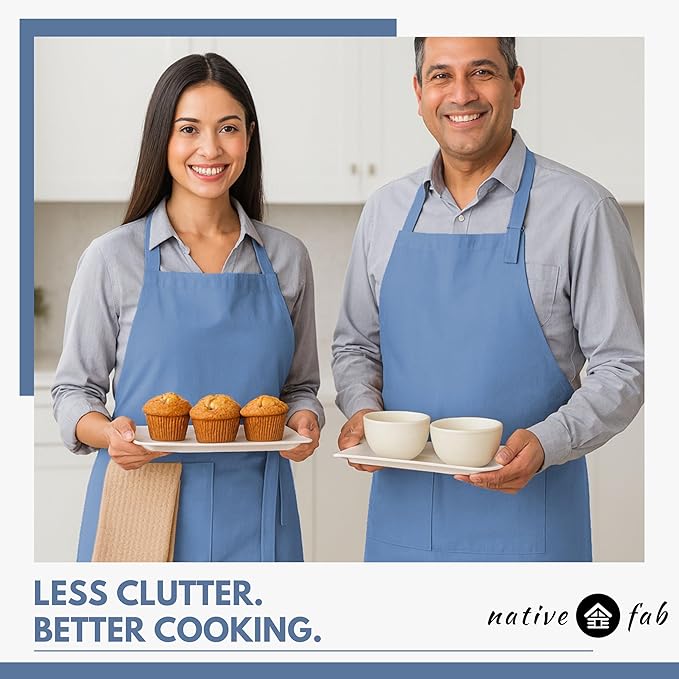 Native Fab Kitchen Apron 2 Pack - 100% Cotton Adjustable, Durable Apron with Pockets, Perfect for Cooking, Baking, Grilling