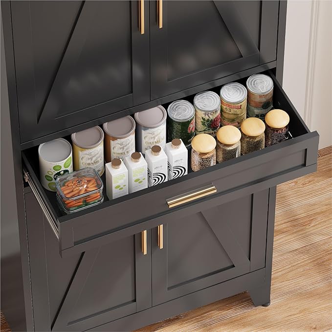 COFaR 71'' Tall Metal Pantry Cabinet with Drawer, Kitchen Storage Cabinet with 4 Doors and Shelves, Freestanding Farmhouse Food Cupboard for Kitchen Dinning Room Garage, Black 6-Tier