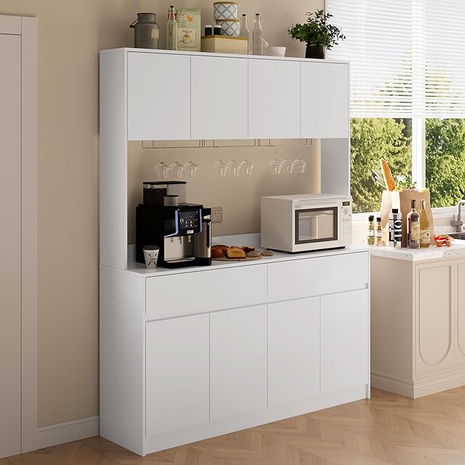 Kitchen Hutch Storage Cabinet, 63" W Large Pantry Cabinets with Microwave Oven Countertop, Freestanding Kitchen Pantry Storage Cabinet with 4 Doors, 2 Drawers and 7 Shelves, White