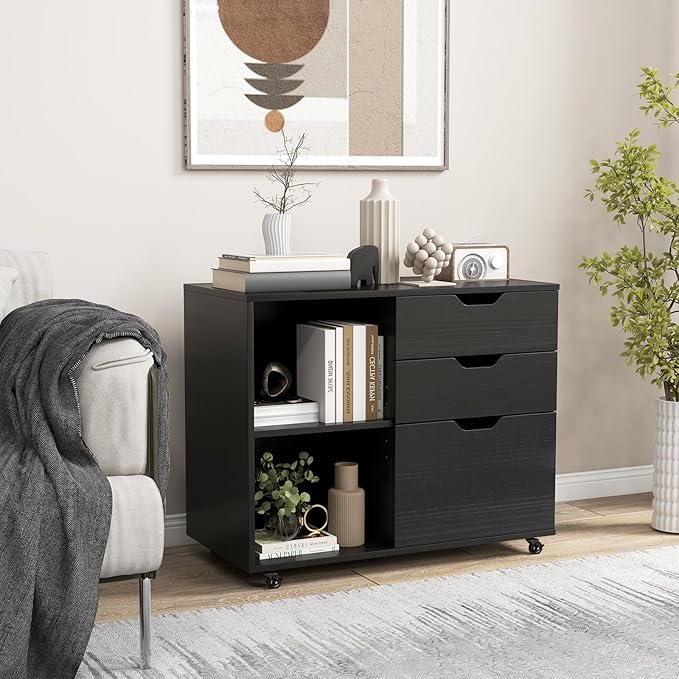 File Cabinet, Mobile Filing Cabinet w/Universal Wheels & 3 Drawers, Wood Printer Stand with Storage, Rolling File Cabinets for Home Office, Living Room, Bedroom (Black, 3 Drawers)