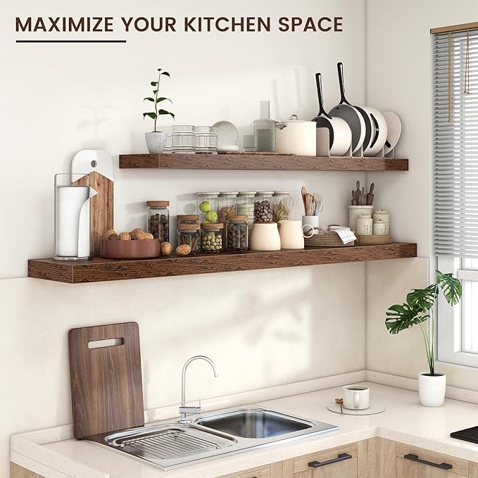Floating Shelves for Wall 72"W x 11.6"D x 2"H, Engineered Wood Wall Shelves with Invisible Brackets for Living Room Bedroom Bathroom Office Kitchen Decor and Storage, Rustic Brown Finish, Set of 1