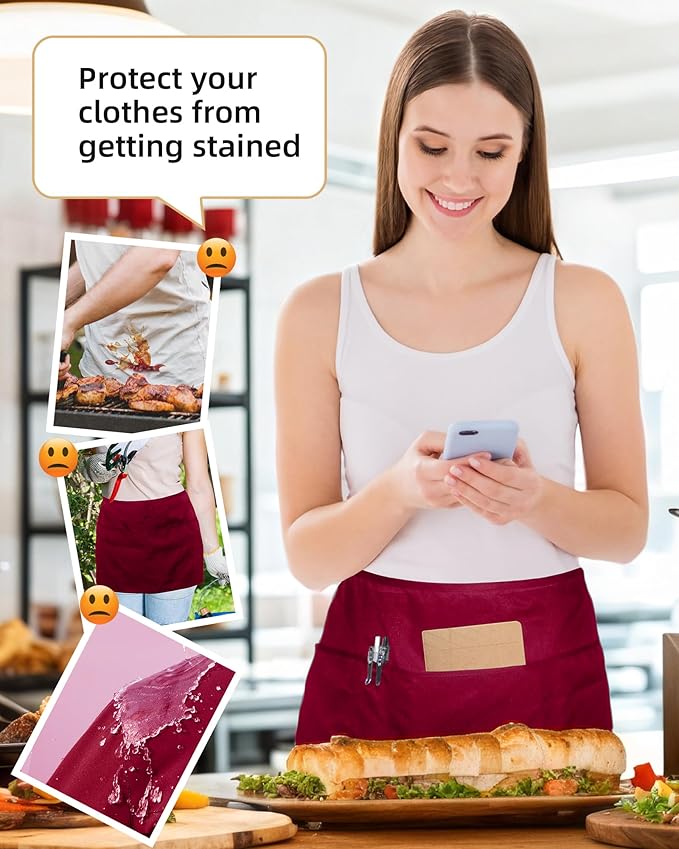 Argstar 2 Pack Server Apron with 4 Pockets, Waitress Waiter Waist Short Aprons(Available in 60/120 Pack)