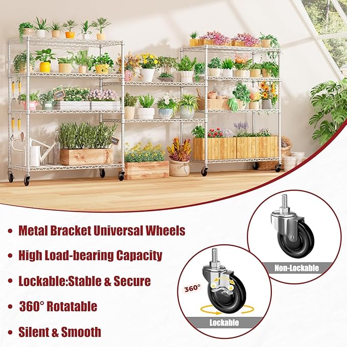 PrimeZone 5 Tier 48" Wx24''Dx81''H Wire Shelving with Wheels 3000lbs NSF Storage Shelves Heavy Duty Metal Shelf Adjustable Rolling Rack Commercial Garage Restaurant Warehouse Kitchen Chrome 6Pack