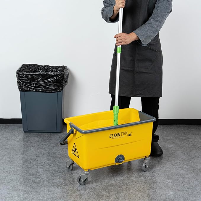 Restaurantware-Clean Tek Professional 44 Quart Cleaning Bucket, 1 Bucket With Comfortable Handle - Drain Valve, Heavy-Duty, Yellow On Wheels, Portable, For Restaurant, Home, School, Or Office