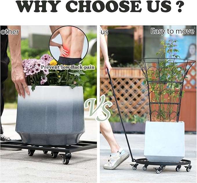 16" Heavy Duty Plant Dolly with Wheels Rolling Planter Base for Indoor/Outdoor Use | Patented Detachable Handle 360° Rotating Polyurethane Wheels Max Load 200 lbs for Large Pots & Planters