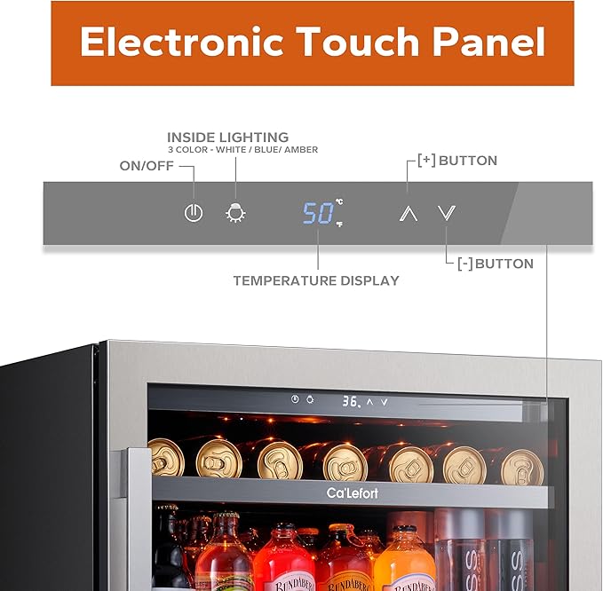 Ca'Lefort 24 Inch Beverage Refrigerator, 180 Can 34°F -54°F Beverage Fridges, Drink Fridge with Glass Door 3 LED Beverage Coolers Built in or Freestanding, Perfect for Home/Kitchen(Right-Hinged)