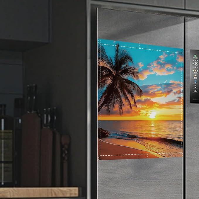 Tropical Palm Dishwasher Magnet Cover,Sunset Sea Beach Kitchen Decor Waterproof Refrigerator Magnet Appliance Cover Protector,23Wx26H Inches