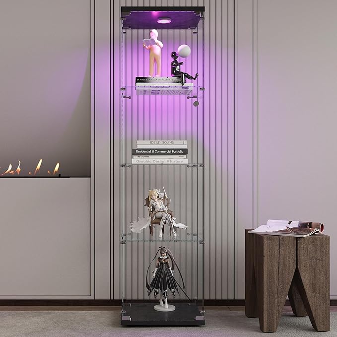Yoluckea 4 Shelves Glass Display Cabinet with LED Light and Door, Floor Standing Clear Glass Curio Cabinet Collection for Living Room Bedroom 64.7”x16.7”x 14.3” Black(Upgrade Assembly)