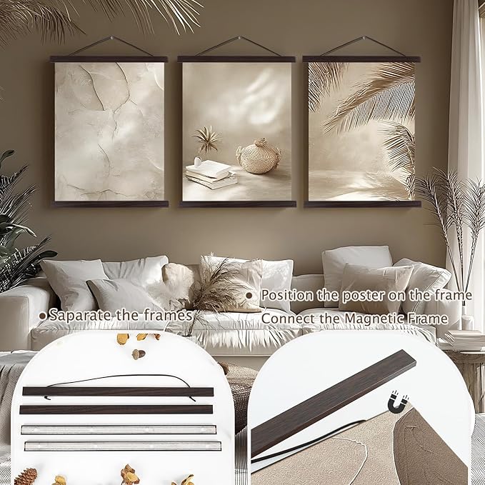 2 Pack Magnetic Poster Hanger Frame, 28x22 28x40 28x29 Light Wood Wooden Magnet Canvas Artwork Print Dowel Poster Hangers Frames Hanging Kit (Walnut, 28", 2 Packs)
