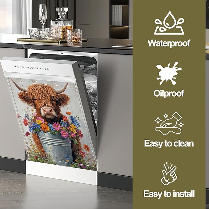 Magnetic Dishwasher Cover,Highland Cow Reusable Dishwasher Magnetic Cover Butterfly Flowers Decorative Door Covers Panel for Home Kitcen 23" x 26"