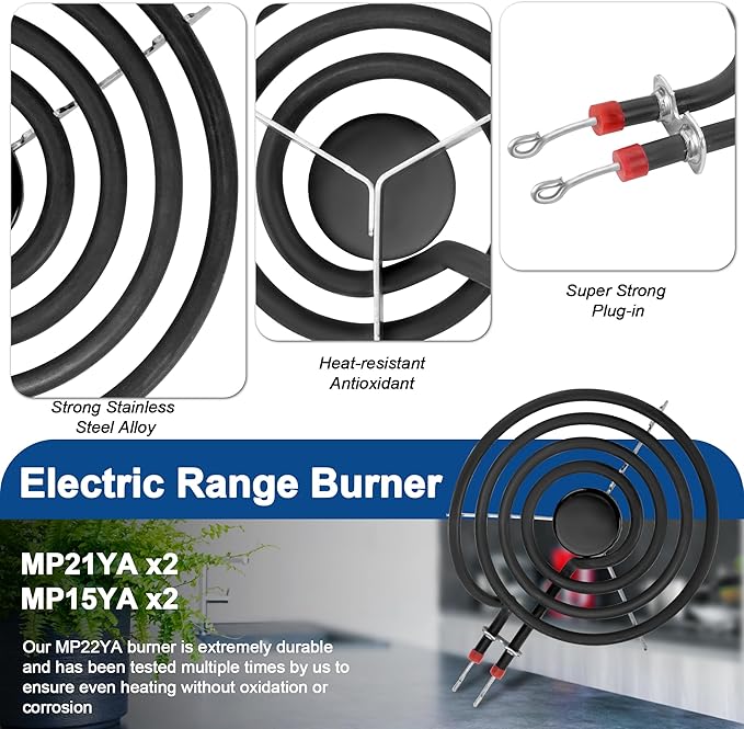 Electric Stove Burner Coil Elements MP15YA MP21YA and 5304430150 5304430149 Porcelain Black Drip Pans Replacement for ken-more fri-gidaire Electric Stove Burners for Electric Stove Top by Fetechmate