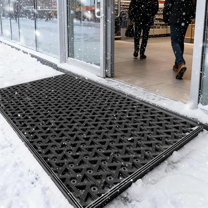 LUMI Outdoor Doormat 24x36, Front Door Mat Outside Entrance, Heavy Duty Rubber Welcome Exterior Door Mat Non Slip Waterproof, Outdoor Rubber Mats with Drainage Holes, Easy Clean Entryway Mats, Black