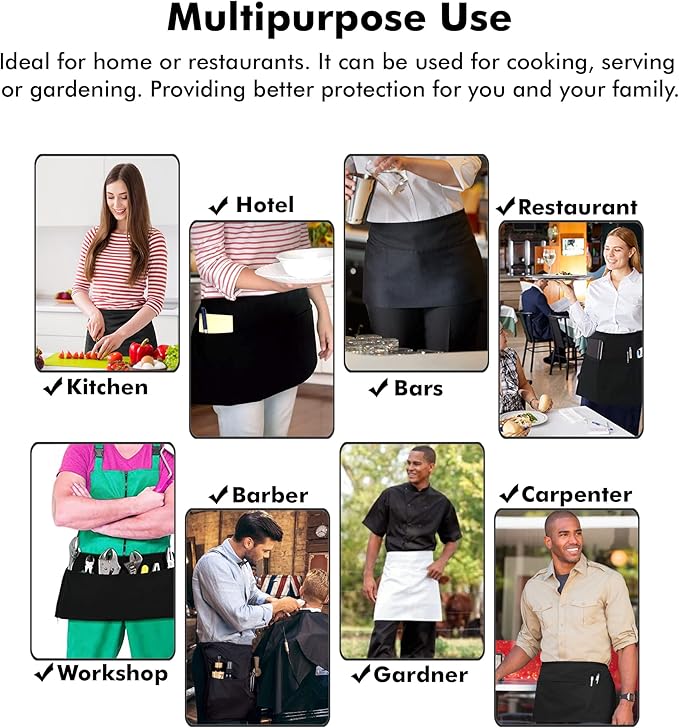 Dreamology Waitress Apron with Pockets, Short Aprons with Pockets,Waist Aprons, Server Aprons with 3 Pockets, Gardening, Cooking & Waiter aprons,Server apron Short | Long Strap - White Apron (3 Pack)