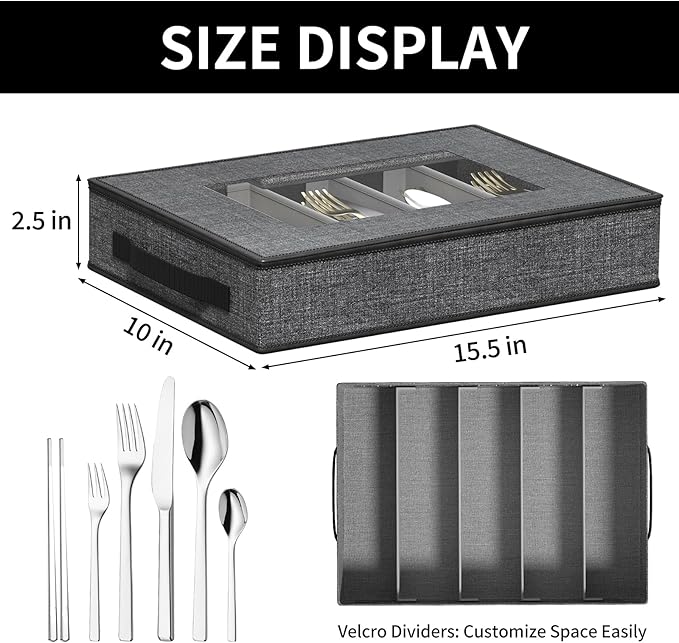 Aokeyee 2-Pack Silverware Storage Box, Sturdy Flatware Organizer with 5 Compartments & Adjustable Dividers, Utensil Case with Clear Lid & Handle for Knives, Forks & Spoons, Gray
