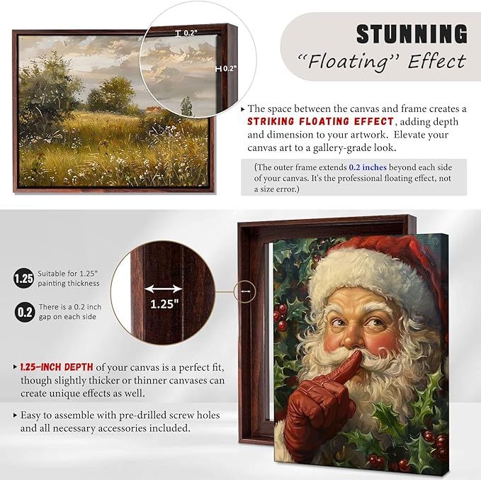 Canvas Floater Frame for Paintings, Fits Up to 1.25" Deep Canvas, DIY Floating Picture Frame for Canvas Prints, Wall Art Frame for Modern Home Décor, Studio Display and Gallery Hanging Walnut 24x36