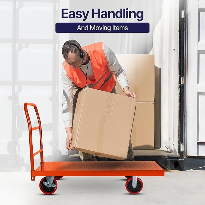Platform Cart Industrial Dolly Cart 3300LB Heavy Duty 60” x 30” Platform Hand Truck Push Cart Super Heavy Duty Diamond Plate Commercial Flatbed Cart 8'' Moving Swivel Wheels (Orange)