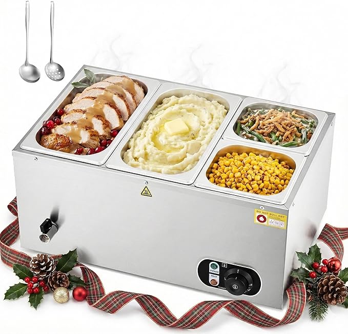 WILPREP Commercial Food Warmer with Two 1/3 & Two 1/6 Pans, 1500W Countertop Electric Warmer, 86-185°F Adjustable Temp Control, Stainless Steel Buffet Bain Marie
