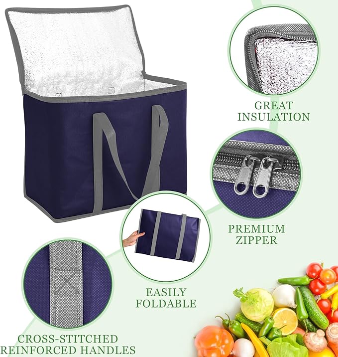 Kenning 15 Pcs Large Insulated Reusable Grocery Bags with Sturdy Zipper and Handles Foldable Washable Cooler Totes Heavy Duty Hot or Cold Food Delivery Bag for Food Transport Travel Lunch (Navy Blue)