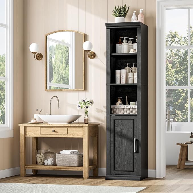 Rresyet Bathroom Cabinet, 60" Tall Bathroom Storage Cabinet with Adjustable Shelves and Doors for Small Space, Living Room, Entryway, Kitchen, Black