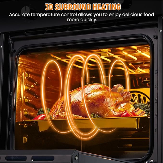 24 Inch Built-in Electric Single Wall Oven, 2.5Cu.ft. Stainless Steel Convection Oven with 8 Cooking Functions, Mechanical Knob Control, Timer, Convection Fan and Safety Lock, 3000W, Black