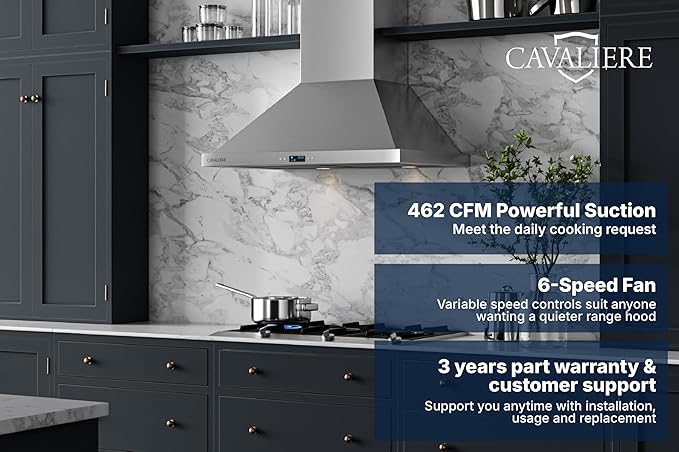CAVALIERE Value-Focused Wall Mount Range Hood 30 Inch, 3-Year Warranty, 462 CFM, Enhanced Stainless Steel, Ducted/Ductless Range Hood Convertible (Kit Included), Aluminium Mesh Filters, Touch Controls