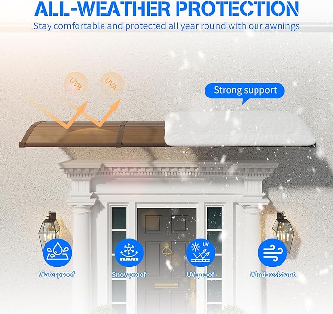 Awning for Door Entrance with Drainage Sink,40x60 Inch Awnings for Doors,Window Canopy Exterior with Plastic Steel Bracket,Polycarbonate Cover,UV,Rain,Snow Protection for House,Porch,Patio,Deck