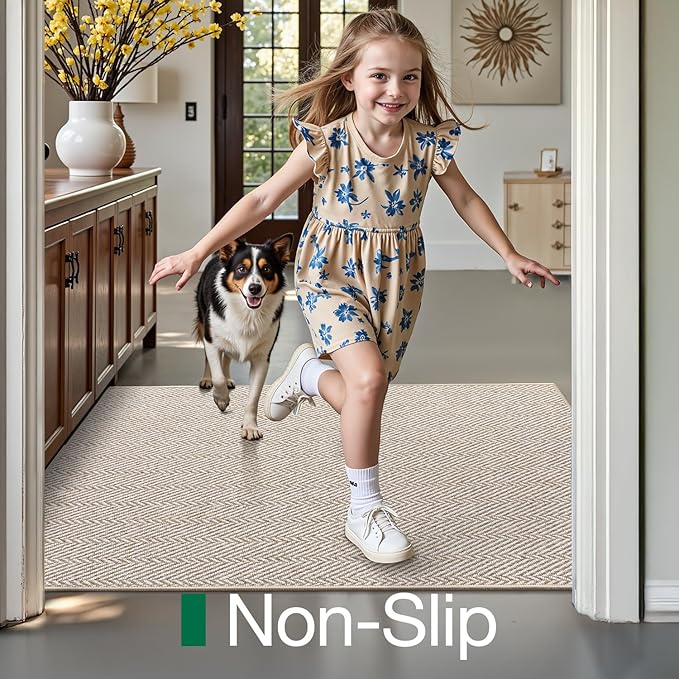 LUMI Ultra Thin Indoor Door Mat for Entrance 17"x30", Non Slip Entryway Mat, Low Profile Doormat, Unique Herringbone Design Carpet for Inside, Patio, Porch, Beige