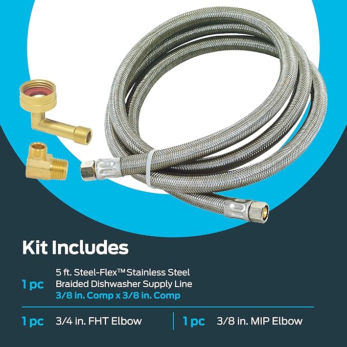 Eastman 5 Ft. Dishwasher Installation Kit, Braided Stainless Steel Supply Line with 3/8 Inch Compression Ends, 41041