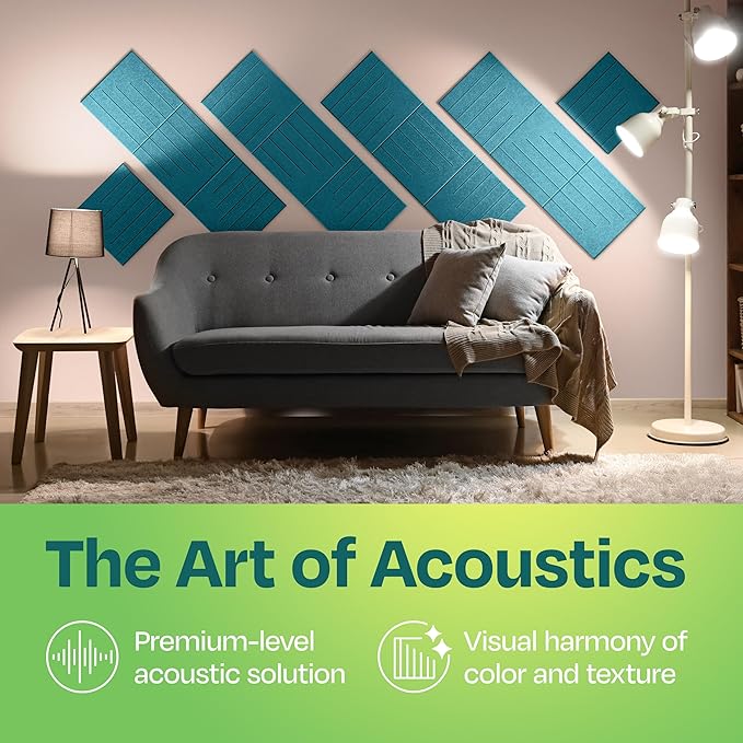 Acoustic Panels 12-Pack Soundproof Wall Panels 12"x12"x0.4" Decorative Sound Dampening for Your Home, Office, Studio, Bedroom & More with Unique LineWave Carving [Light Turquoise]