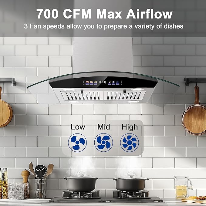 Island Range Hood 30 Inch 700 CFM Ceiling Mount Kitchen Vent Hood Tempered Glass with Color Gesture Sensing & Touch Control, 3 Speed Fan, 4 LED Lights, Permanent Filters