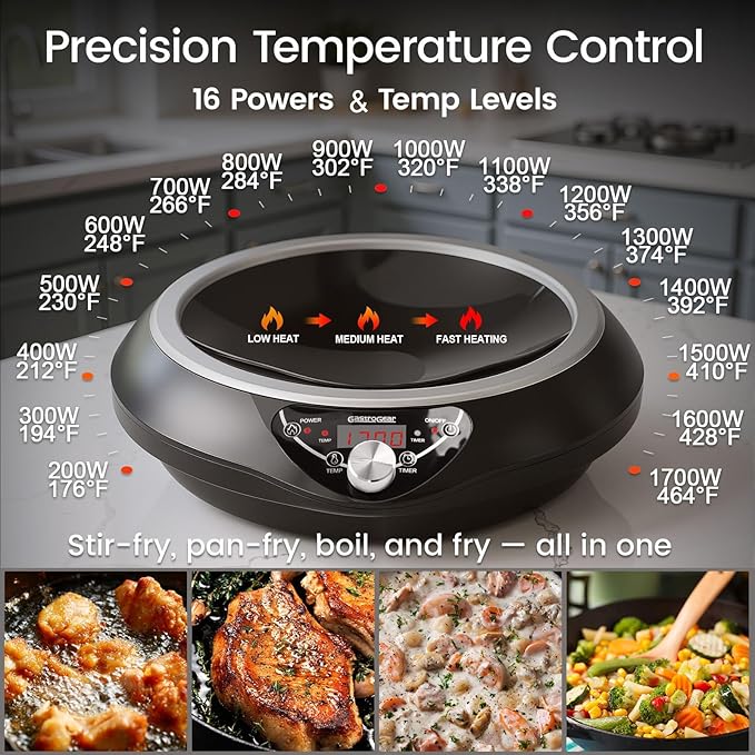 Induction Wok Cooktop Set, 2025 New & Improved Electric Skillet Induction Burner w/Carbon Steel Wok, Glass Vented Lid, Rack, 176°F to 464°F, 18 Hrs Timer, Auto-off (Black 110V~120V)