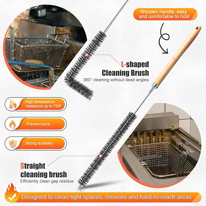 Fryer Cleaning Tool 5 Piece Set, Deep Fryer Basket Brush, Long Handle L-Shaped & Straight Crevice Cleaning Brush, Cleanout Rod Kit and V-Shaped Strainer Scoop for Restaurant, Kitchen Maintenance
