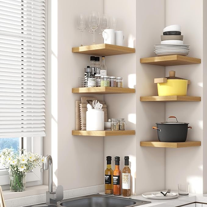 Square Floating Shelves for Wall 8"W x 8"D x 1.2"H, Small Engineered Wood Wall Shelves with Invisible Brackets for Living Room Bedroom Bathroom Office Kitchen Storage & Decor, Oak Finish, Set of 3