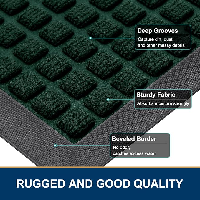 Smiry Front Door Mat Outside Entrance, Heavy Duty Natural Rubber Doormat, Non Slip Trap Dirt and Moisture Easy Clean, Low Profile Welcome Floor Mats for Indoor Outdoor Entry, 29.5x17 Inch, Black Green