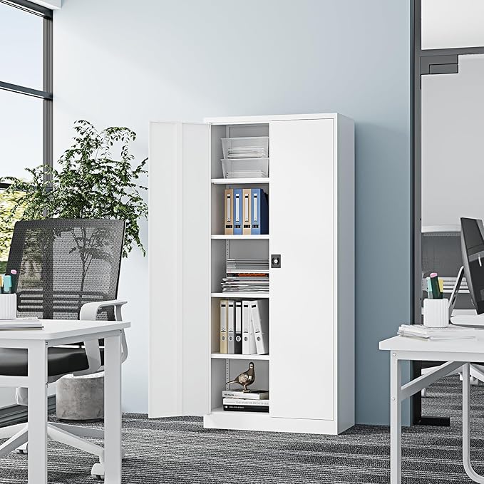 Metal Storage Cabinet-72” Tall Steel File Cabinets with Lockable Doors and Adjustable Shelves-White Steel Storage Cabinet for Kitchen, Office, Garage