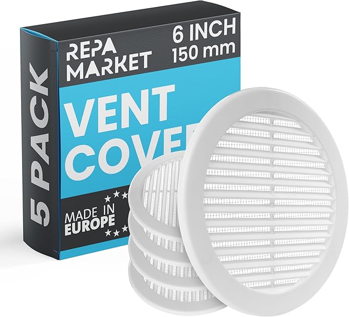 Repa Market 6 Inch (Opening) White Round Air Vent Cover - Pack of 5 Plastic Fresh Air Intake Vent - AC Cover with Nylon Mesh Screen - Wall, Ceiling HVAC Return Air Register - Modern Soffit Vents
