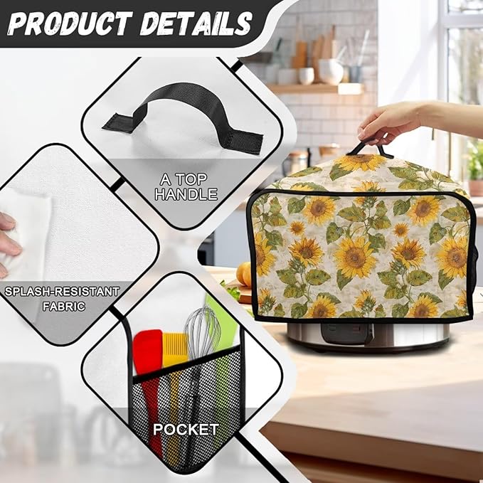 Sunflower Crock Pot 6-8 Quart Floral Slow Cooker Cover Dust Cover Slow Cooker Bag Soft Slow Cooker Dust Cover with Mesh Pocket for Accessories Portable Convenient Dust Resistant