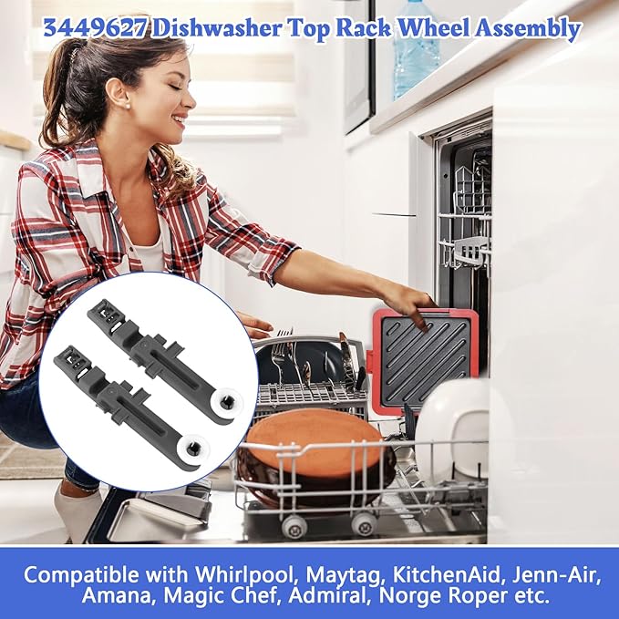 W10571738 Dishwasher Upper Dishrack Adjuster And Wheel Assembly Compatible with Whirlpool Maytag Dishwasher Top Rack Wheel Assembly Replacement Parts 3449627 PS11756470 WPW10571738 AP6023130 (2 Pack)
