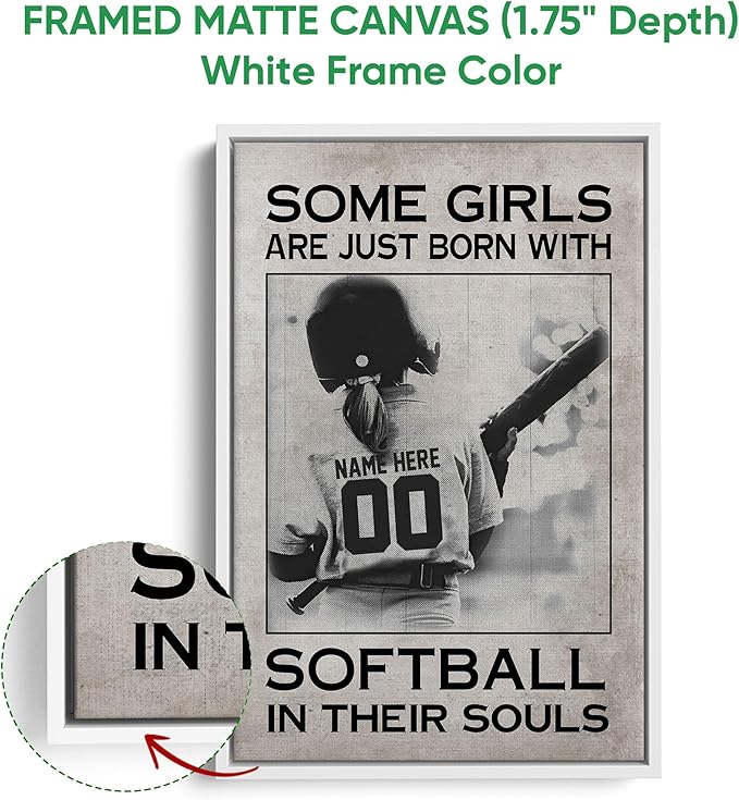 Custom Some Girls Are Just Born With Softball In Their Souls Personalized Name Number Poster & Framed Canvas, Wall Art Home Office Decoration Living Room Bedroom Aesthetic Decor