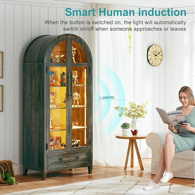 Lvifur 73" Tall Arched Display Cabinet with Glass Doors,4-Tier Storage Cabinet with Human Body Sensor,LED Curio Cabinets with 3 Color Lights for Collectibles,Ajustable Shelf for Toys, Books,Brown