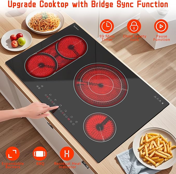 Karinear Electric Cooktop 30 Inch, 4 Burners Electric Stove Top, Flexible Bridge &Triple Ring Expandable Burners, Pause, Timer, Child Safety Lock, 7800W Built-in Ceramic Cooktop for 220-240V Hard Wire