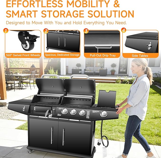 Dual Fuel Grill Combo Propane Gas & Charcoal Grill with Side Burner, 3+1 Burners 40,000 BTU Total, 713.5 Sq In Cooking Area, Adjustable Charcoal Tray & Stainless Steel Cabinet (Gas + Charcoal Combo)