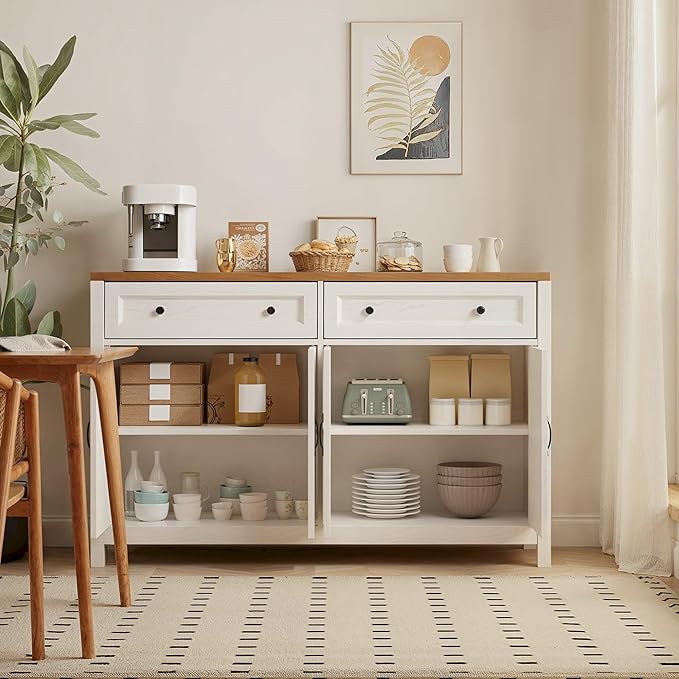 Gizoon Farmhouse Kitchen Sideboard Buffet Cabinet with Storage, Wood Coffee Bar and Storage Sideboard with Drawers and Doors for Kitchen, Dining Room, 15.7" D x 55.1" W x 35.3" H, White/Rustic Brown