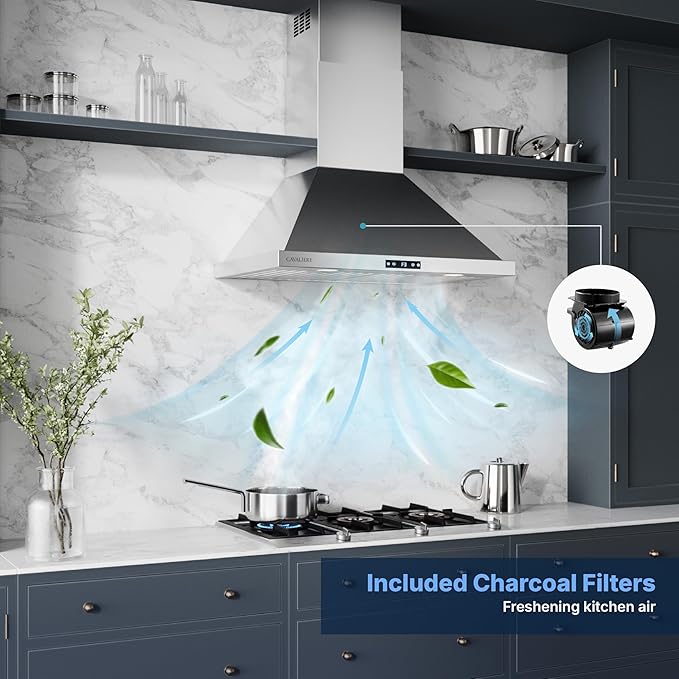 CAVALIERE Digital 462 CFM Wall Mount Range Hood 30 Inch, 3-Year Warranty, Enhanced Stainless Steel, Ducted/Ductless Range Hood Convertible (Kit Included), LED Lights, Baffle Filter, Touch Controls