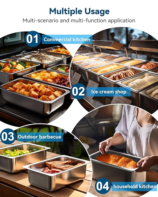 8 Pack Hotel Pans with Lids, 1/3 Size 6" Deep Stainless Steel Steam Table Pan 22 Gauge Anti Jam Commercial Food Pans for Hotel, Party, Buffet, Catering Supplies