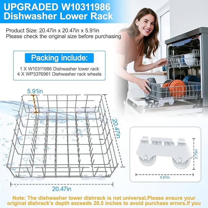 UPGRADED W10311986 W10380384 Dishwasher Lower Rack Assembly for Whirlpool Kenmore Dishwasher Rack Replacement Parts,W10311986 W11158802 Whirlpool Dishwasher Bottom Rack with Wheel Dishrack
