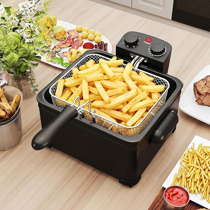 SIMOE 5L Electric Deep Fryer with 3 Baskets and Lid,1700W Countertop Electric Oil Fryer w/Temperature Control, View Window, Adjustable Timer, Deep Fryer for Home Use