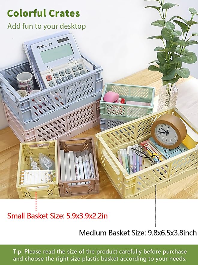Xhwykzz 4 Pack Pastel Crates for Storage, Plastic Folding Basket, Colorful Small Storage Containers for Bedroom Office Classroom Bathroom Desktop Drawer Organizer Decor (9.8x6.5x3.8inch)